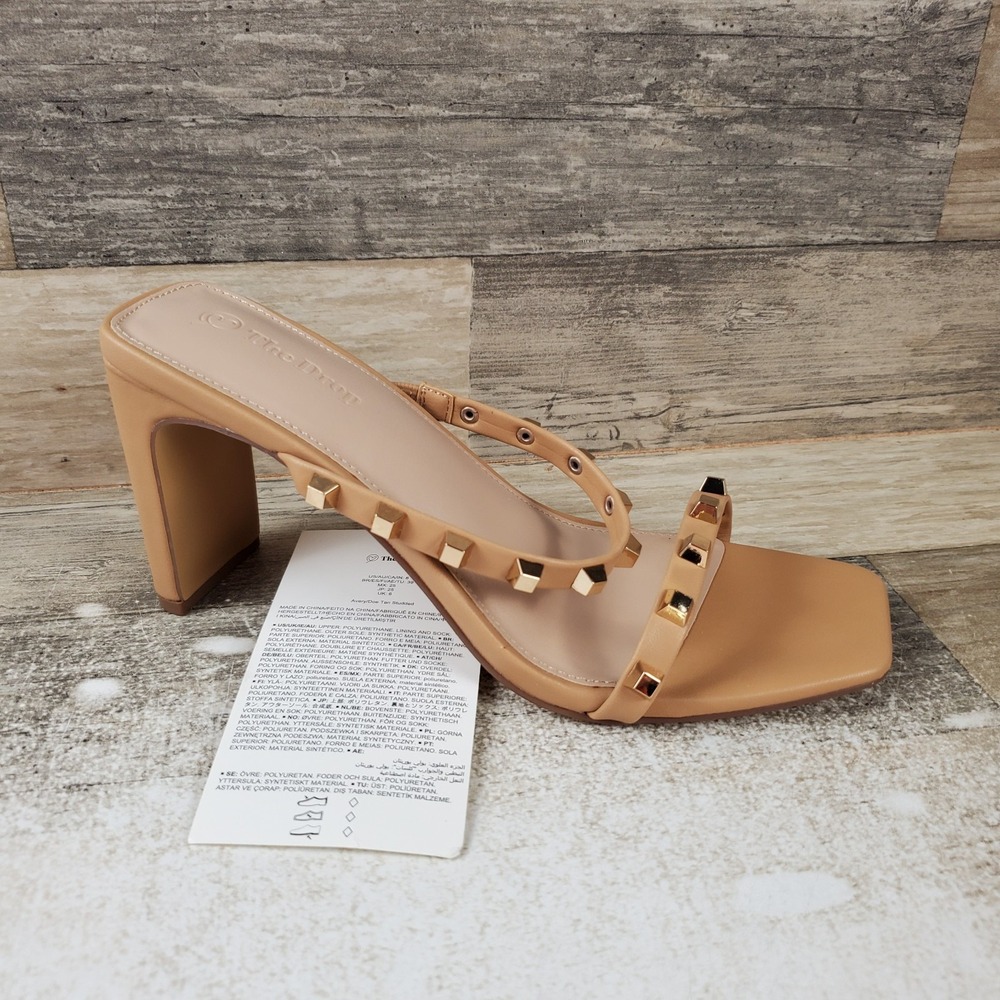 The Drop Avery Womens Sandals Sz 8 Doe Tan Studded Open Square Toe Two Strap
